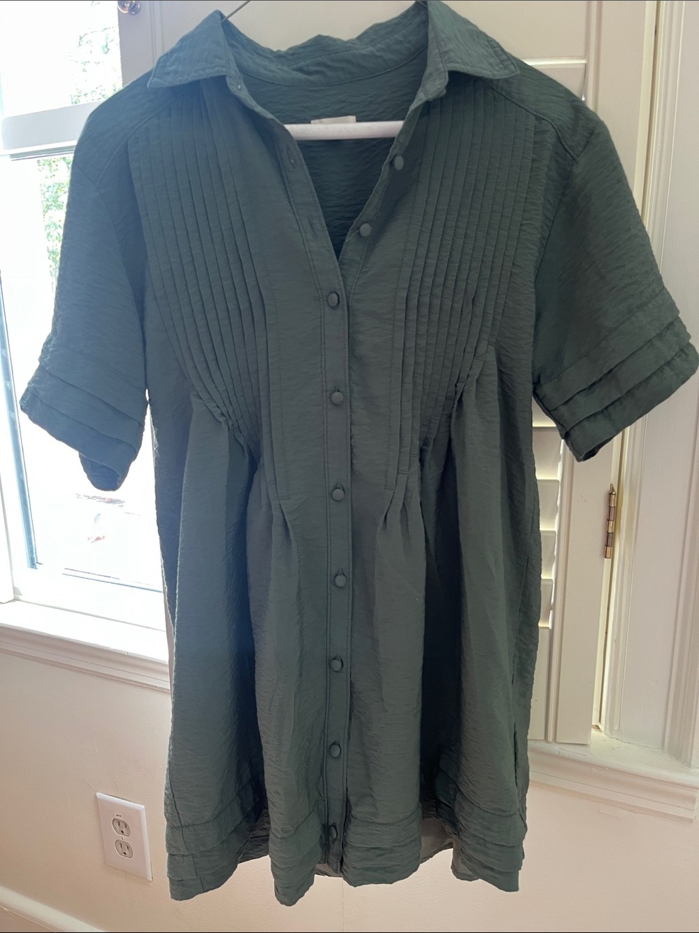 Pilcro Short-Sleeve Pintuck Button-Down Dress in Olive Green.